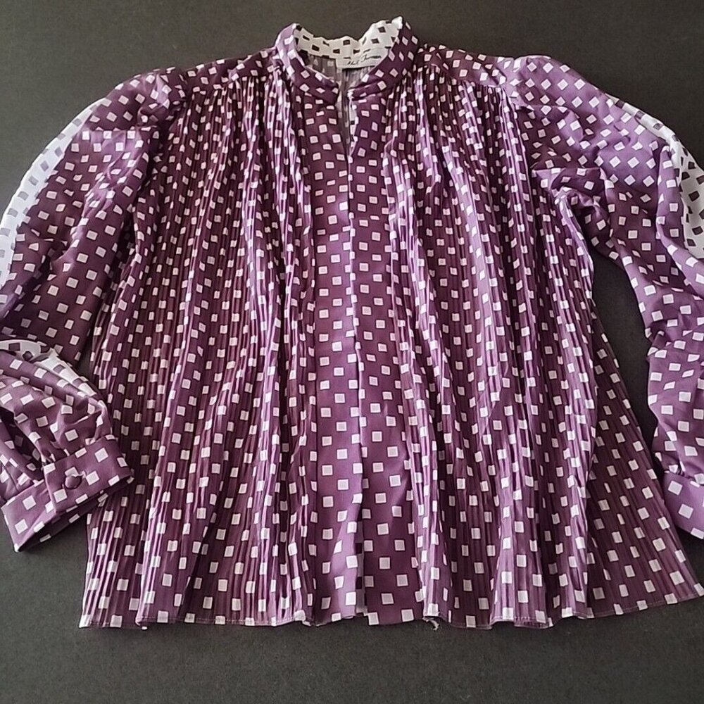 Vintage 70's Hal Ferman Womens S/M Flowing Blouse sleeve Purple White Squares